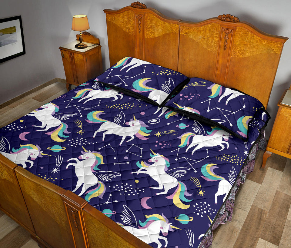 Hand drawn cute unicorn star planet Quilt Bed Set