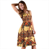 Camel Polynesian Tribal Design Pattern Sleeveless Midi Dress