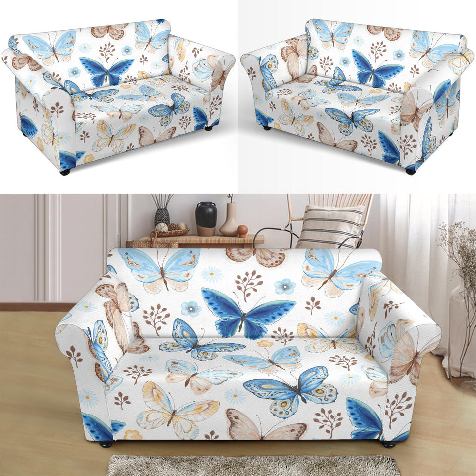 Blue Butterfly Pattern Loveseat Couch Slipcover