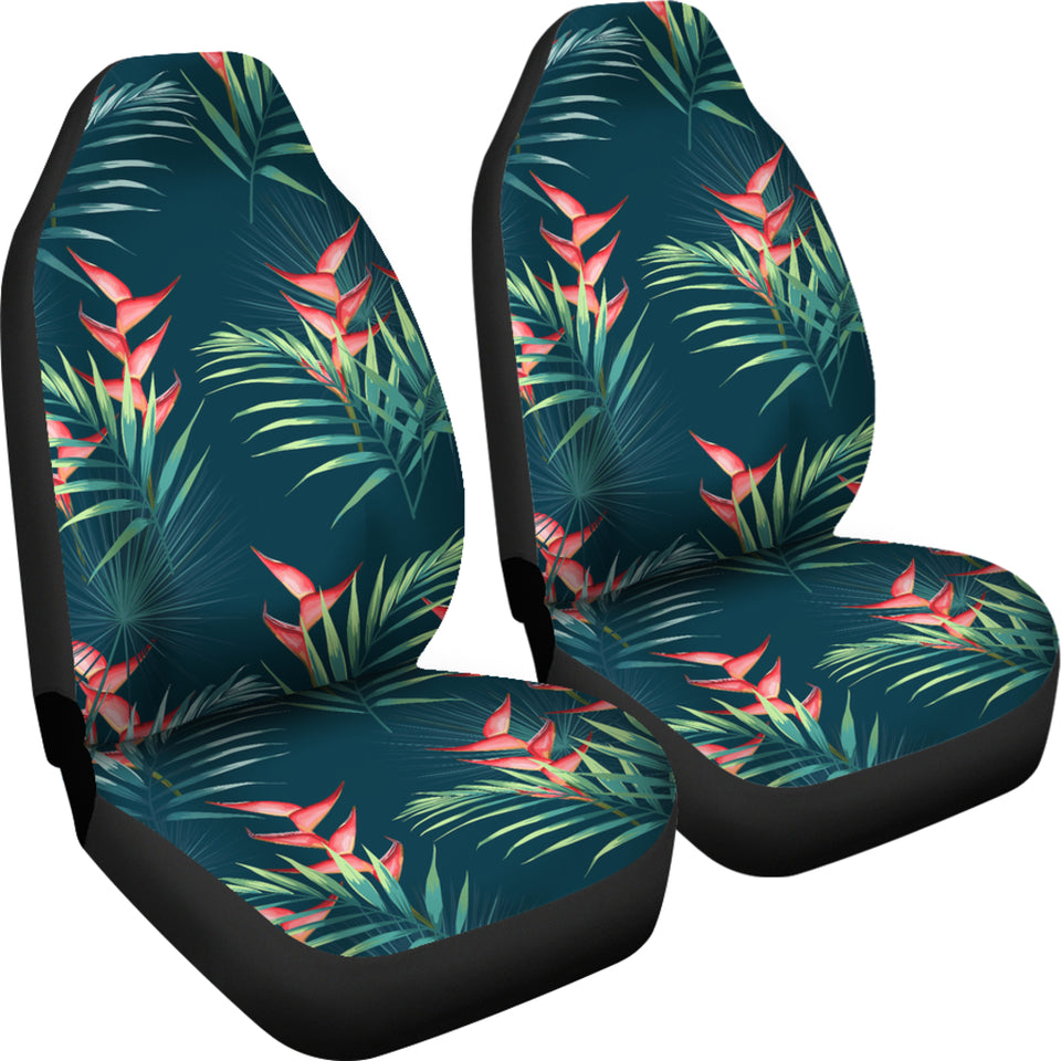 Heliconia Flowers, Palm And Monstera Leaves On Black Background Pattern Universal Fit Car Seat Covers