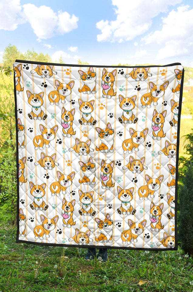 Cute Dog Corgi Striped Background Pattern Premium Quilt