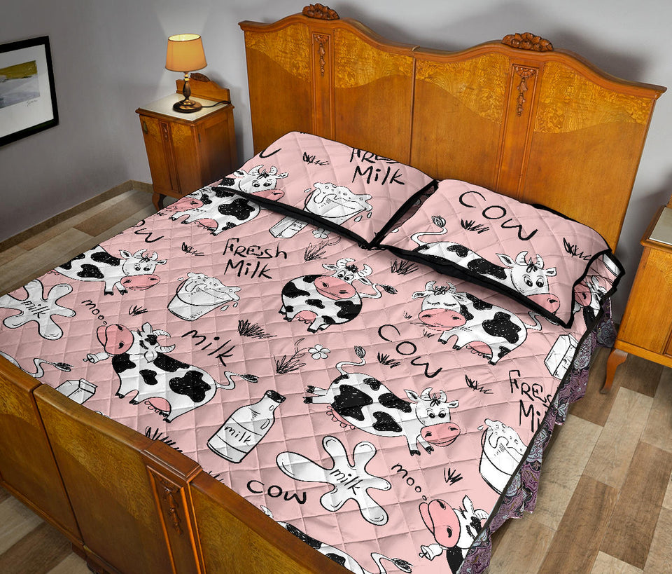 Cows milk product pink background Quilt Bed Set