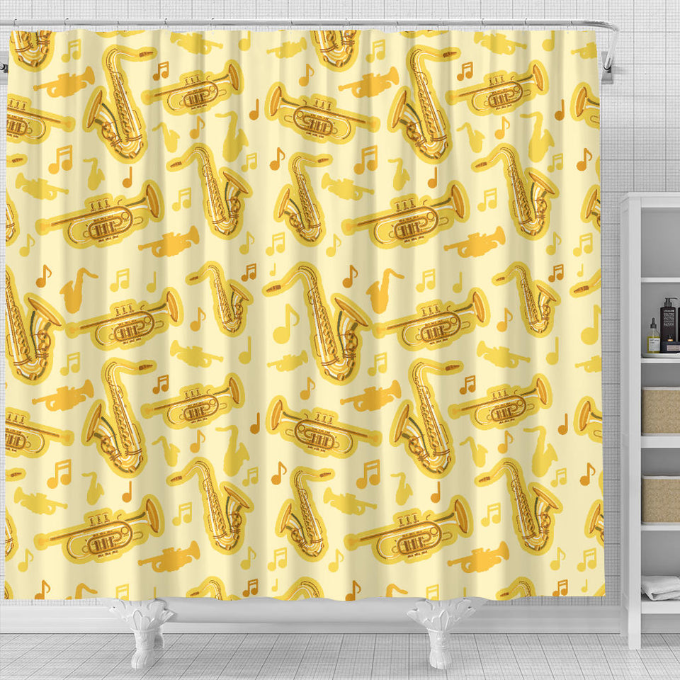 Saxophone Cornet Pattern Yellow Background Shower Curtain Fulfilled In US