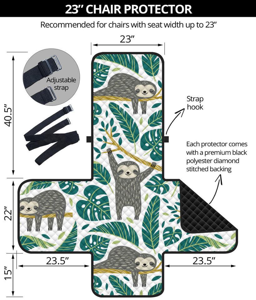 Cute sloths tropical palm leaves white background Chair Cover Protector