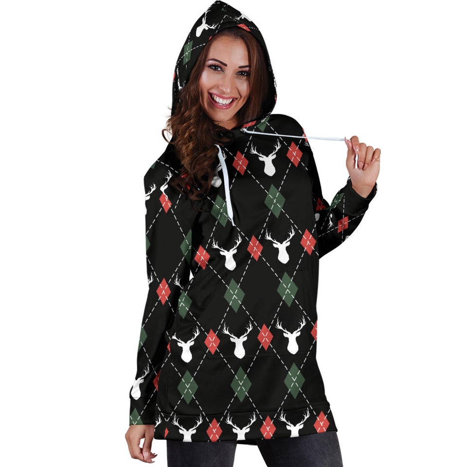 Deer Christmas New Year Pattern Argyle Women'S Hoodie Dress