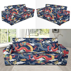 Blue Red Dragon Cloud Pattern Sofa Slipcover