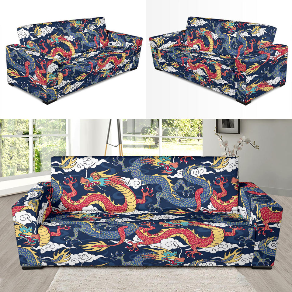 Blue Red Dragon Cloud Pattern Sofa Slipcover