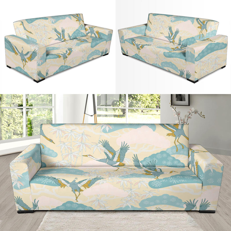 Bonsai Bamboo Stork Japanese Pattern Cream Theme Sofa Slipcover