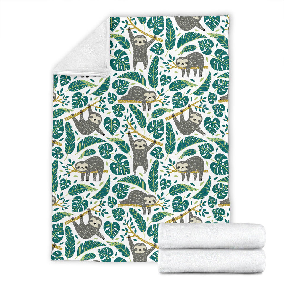 Cute Sloths Tropical Palm Leaves White Background Premium Blanket