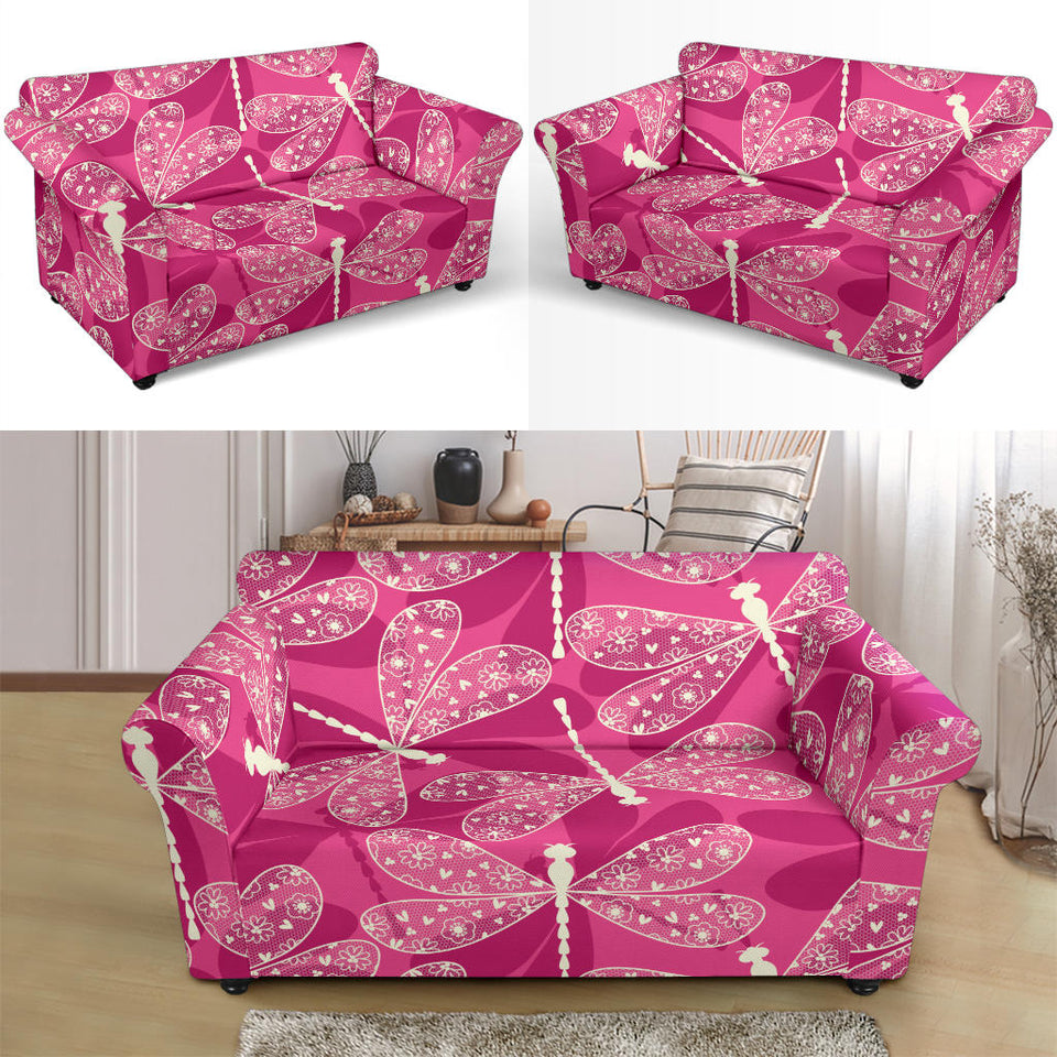 Beautiful Dragonfly Pink Background Loveseat Couch Slipcover