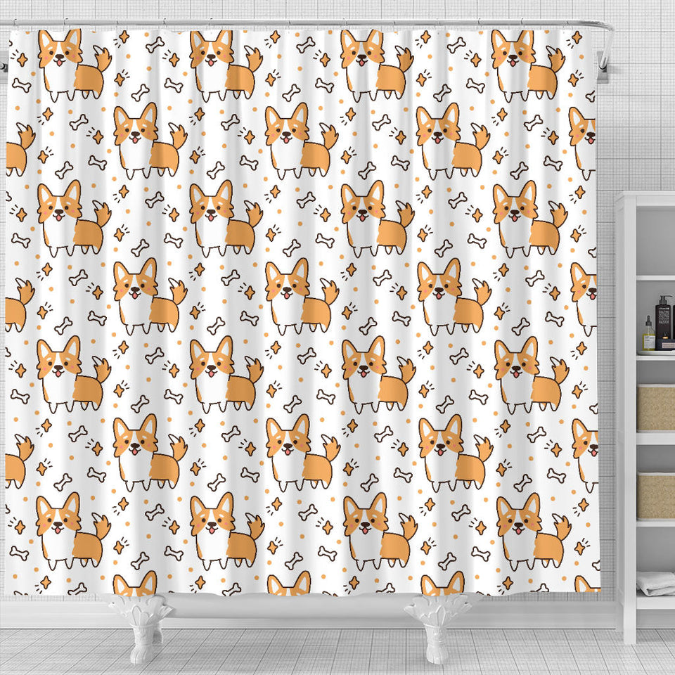 Cute Corgi Heart Star Bone Pattern Shower Curtain Fulfilled In US