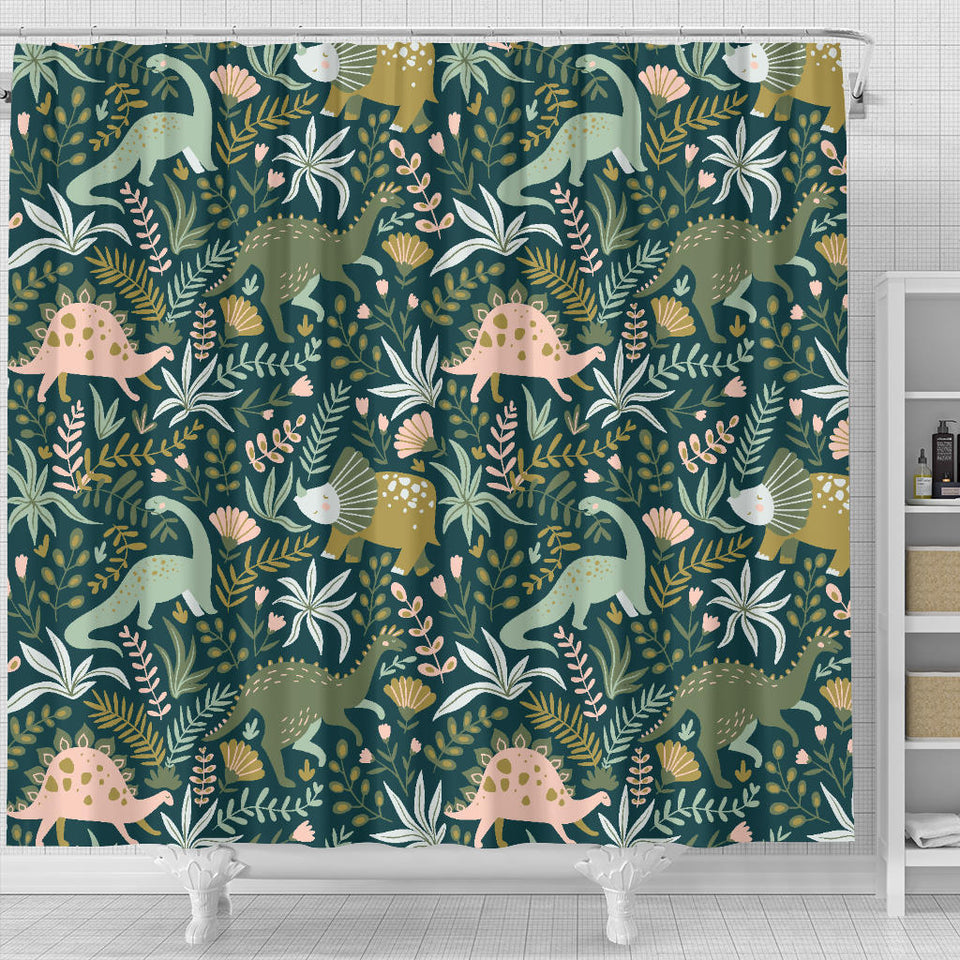 Dinosaurs Tropical Leaves Flower Pattern Shower Curtain Fulfilled In US