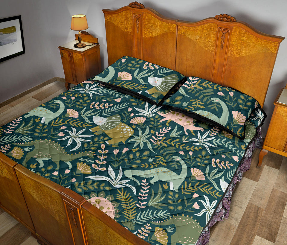 dinosaurs tropical leaves flower pattern Quilt Bed Set