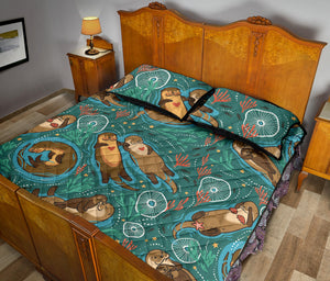 cute brown sea otters ornamental seaweed corals green water Quilt Bed Set