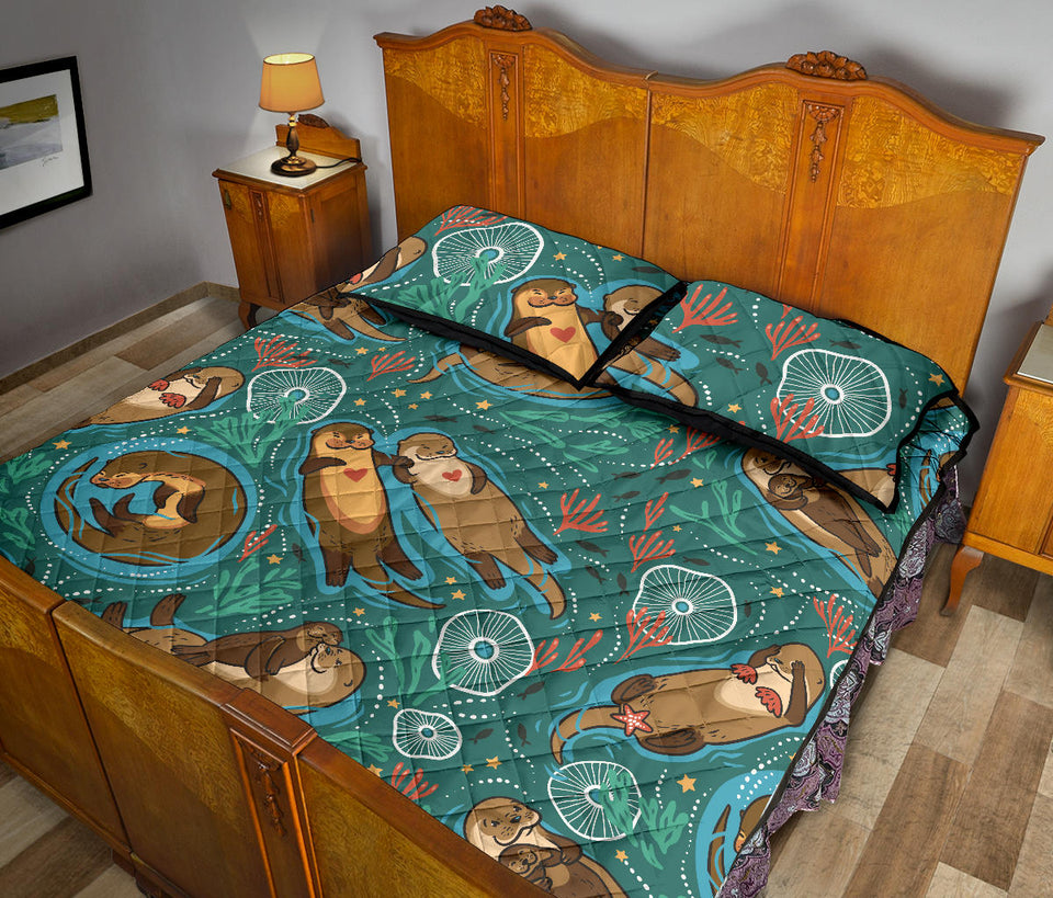 cute brown sea otters ornamental seaweed corals green water Quilt Bed Set