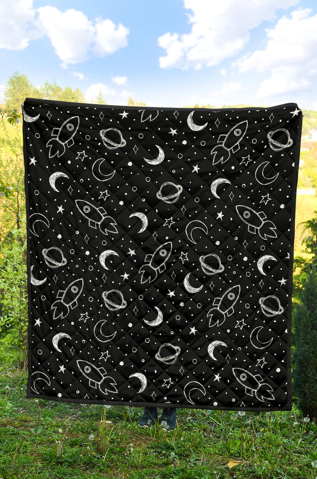 Hand Drawn Space Rocket Star Planet Premium Quilt