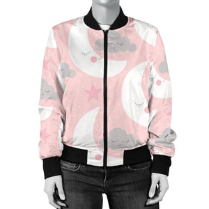 Cute Moon Cloud Star Pattern Pink Dot Background Women'S Bomber Jacket