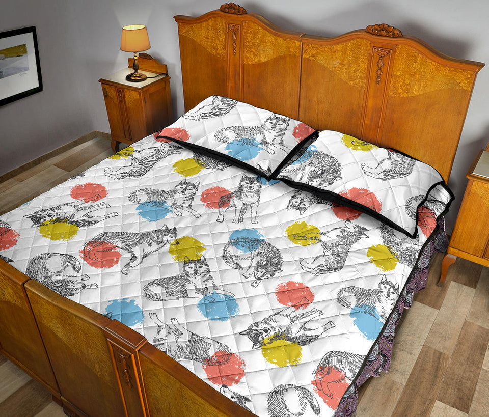Siberian husky and colorful circle pattern Quilt Bed Set