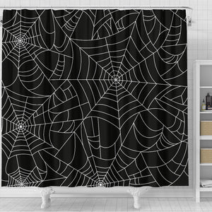 Spider Web Pattern Black Background White Cobweb Shower Curtain Fulfilled In US