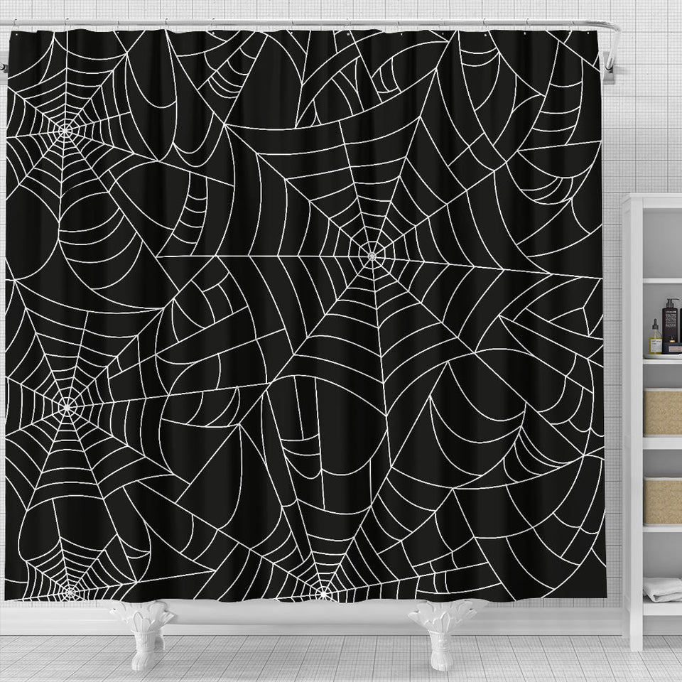 Spider Web Pattern Black Background White Cobweb Shower Curtain Fulfilled In US