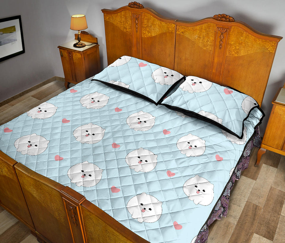 White cute pomeranian pattern Quilt Bed Set