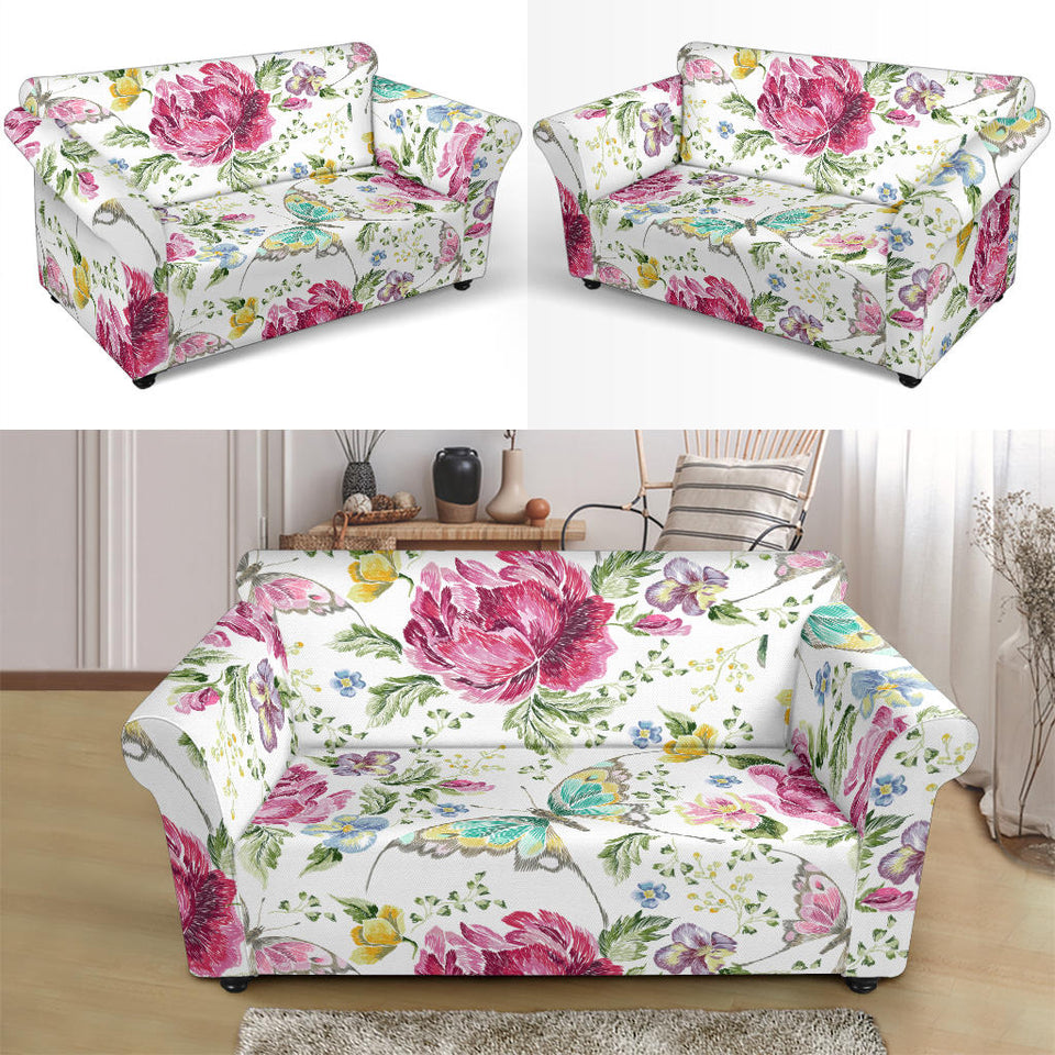 Hand Drawn Butterfly Rose Loveseat Couch Slipcover