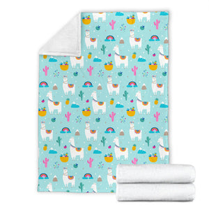 Llama Alpaca Cactus Leaves Pattern Premium Blanket