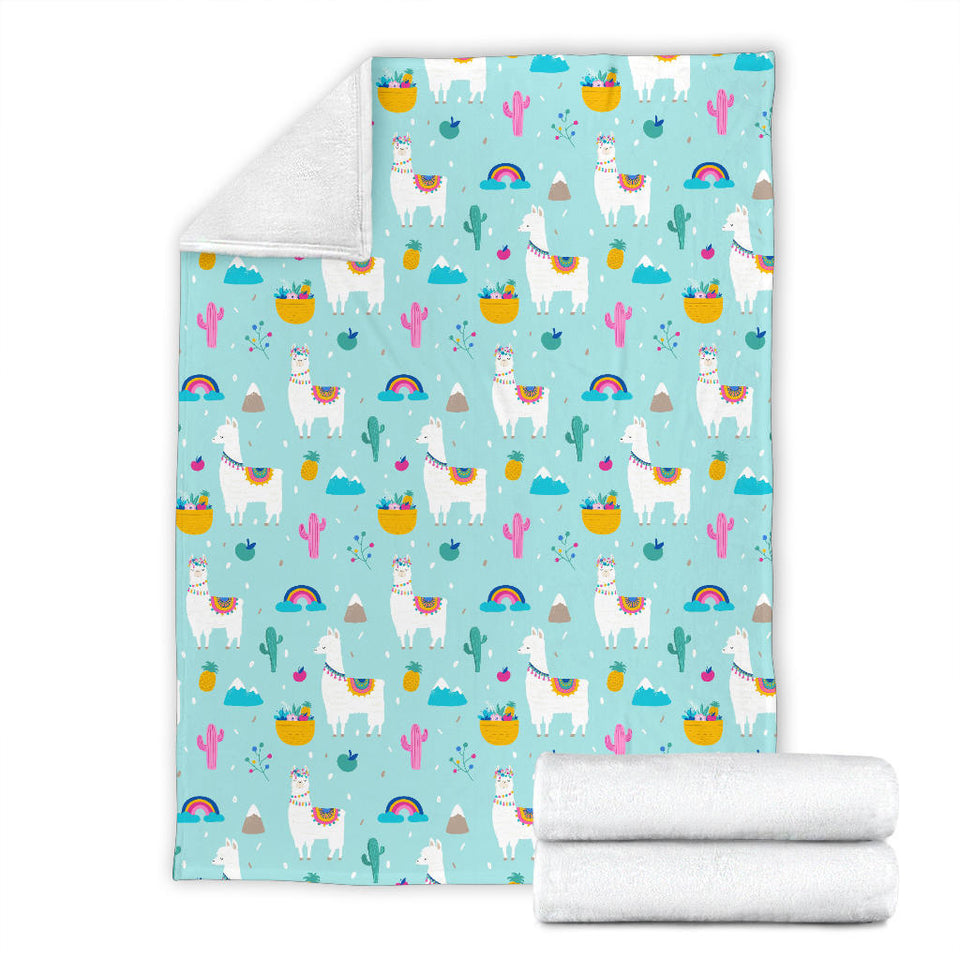 Llama Alpaca Cactus Leaves Pattern Premium Blanket
