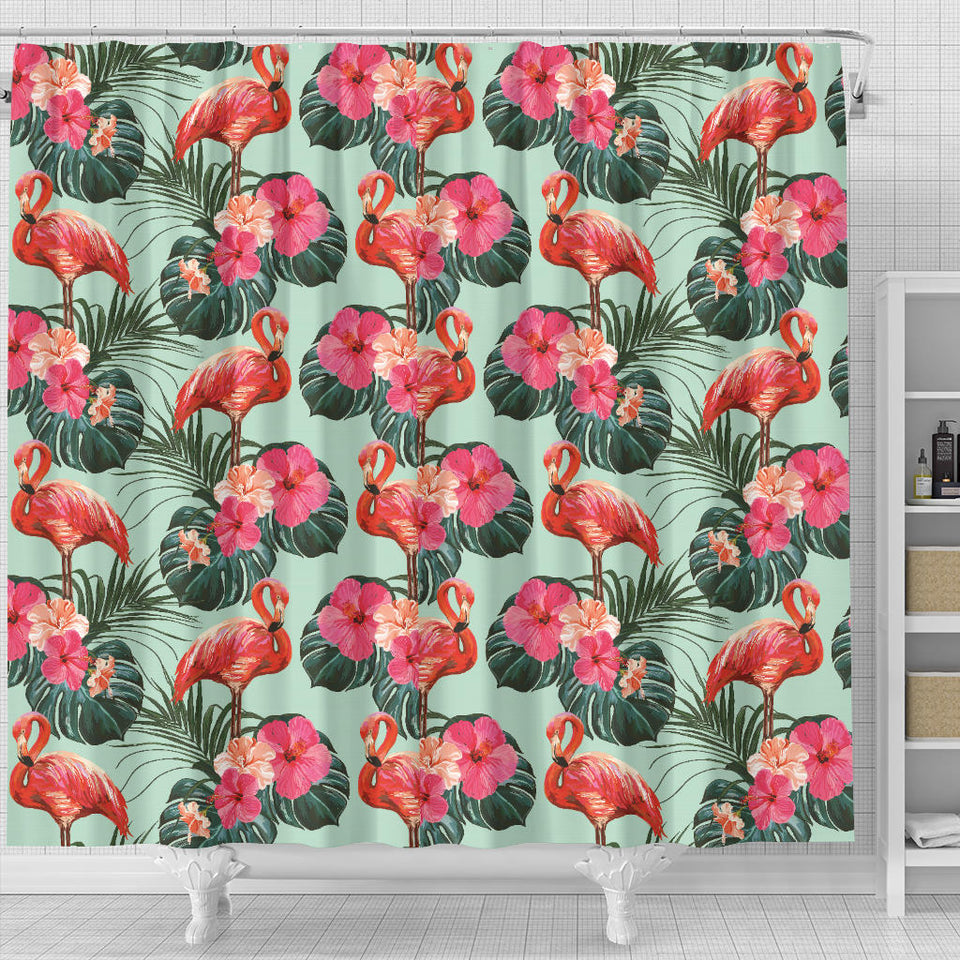 Beautiful Flamingo Tropical Palm Leaves Hibiscus Pateern Background Shower Curtain Fulfilled In US