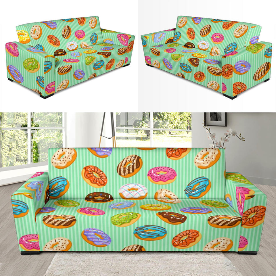 Colorful Donut Pattern Green Background Sofa Slipcover