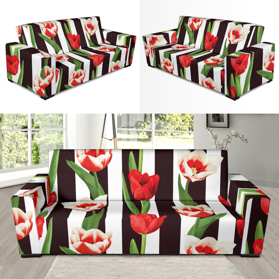 Red And White Tulips Pattern Sofa Slipcover