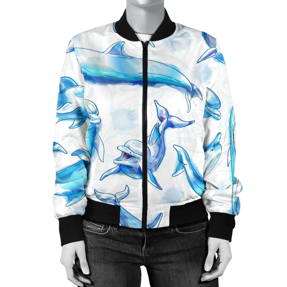 Watercolor Dolphin Pattern Women'S Bomber Jacket