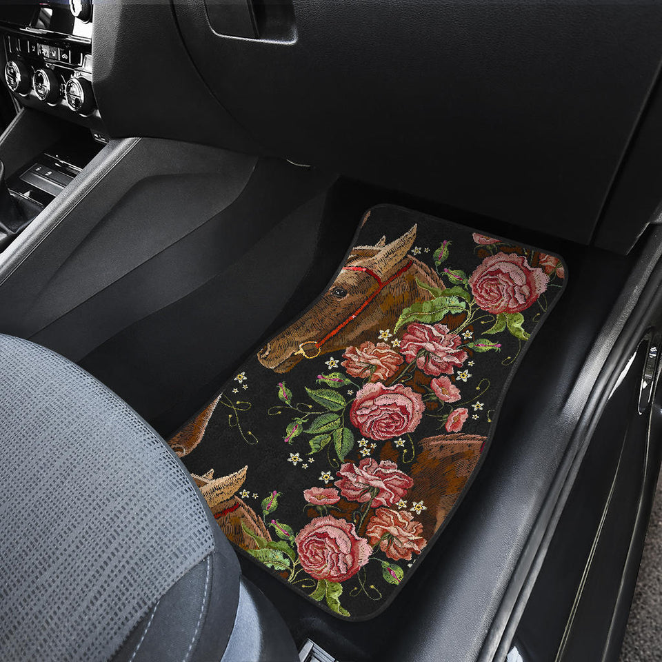 Horse Head Wild Roses Pattern Front And Back Car Mats