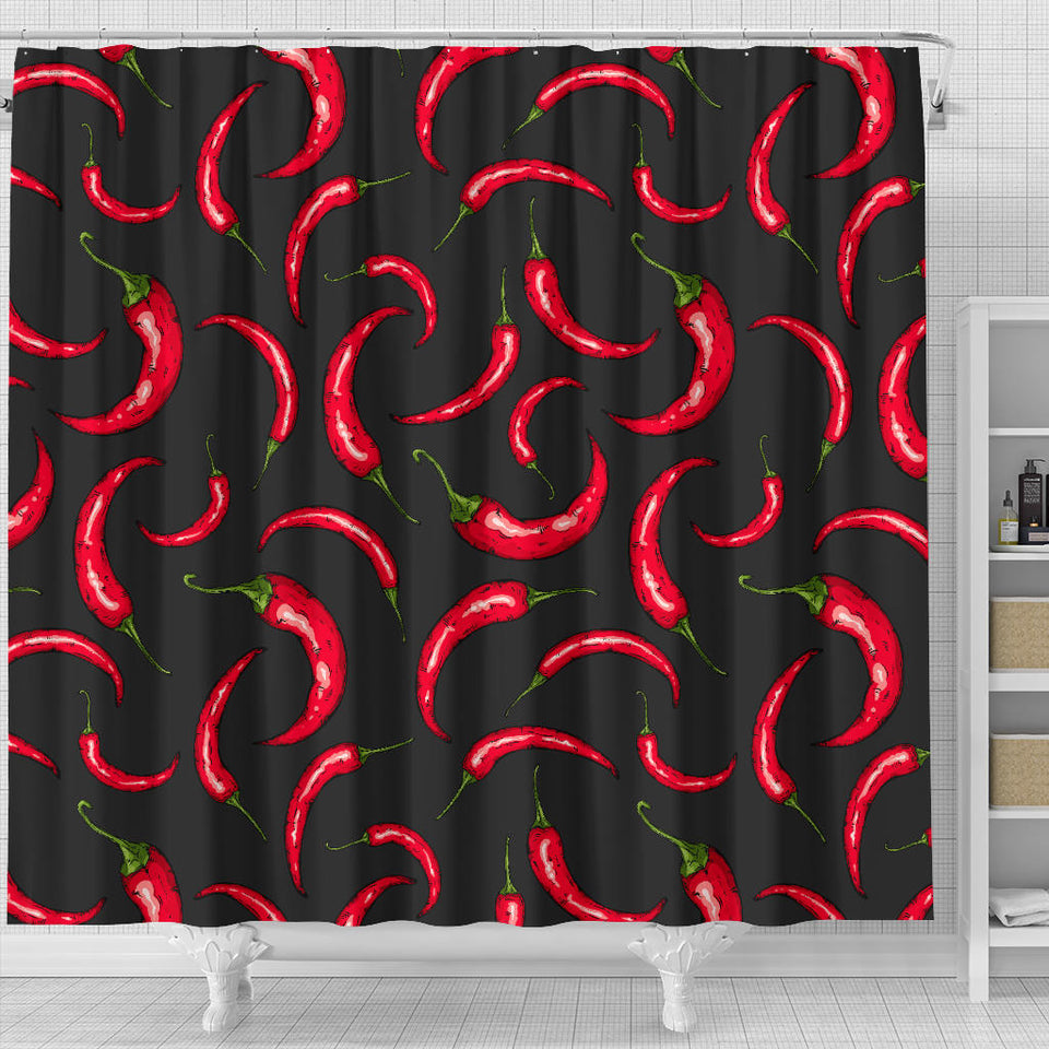 Chili Peppers Pattern Black Background Shower Curtain Fulfilled In US