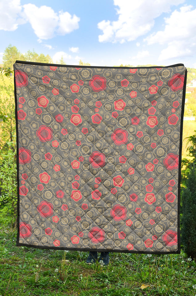 Red Gold Sakura Cherry Blossom Gray Background Premium Quilt