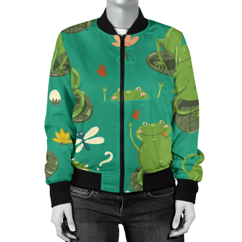 Cute Frog Dragonfly Design Pattern Women'S Bomber Jacket