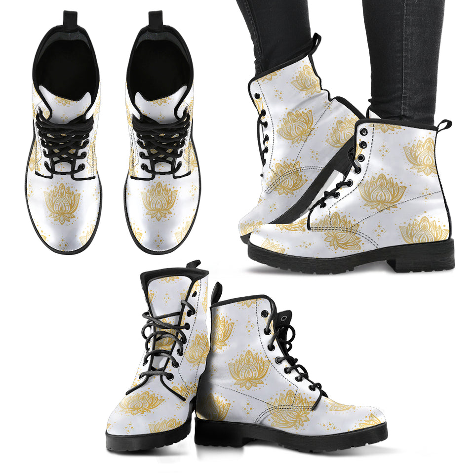 Gold Ornamental Lotue Waterlily Symbol Pattern Leather Boots