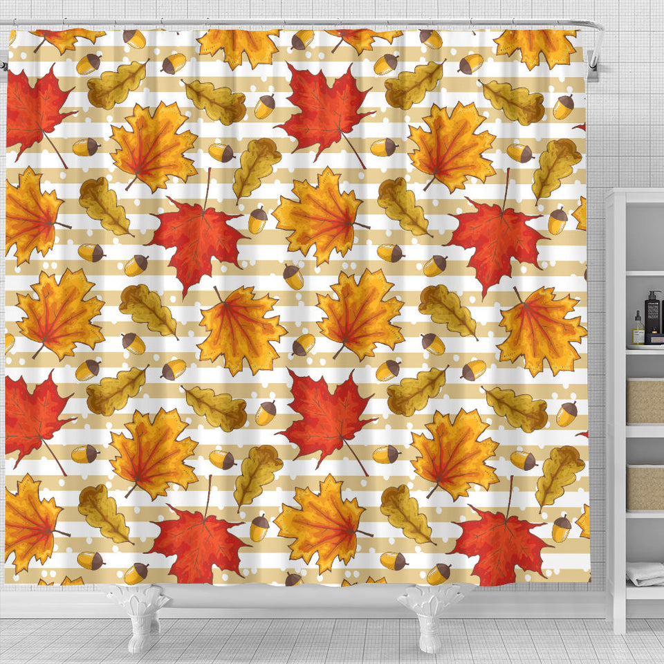 Maple Leaf Oak Leaf Acorns Beige Striped Background Shower Curtain Fulfilled In US