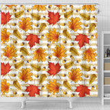 Maple Leaf Oak Leaf Acorns Beige Striped Background Shower Curtain Fulfilled In US