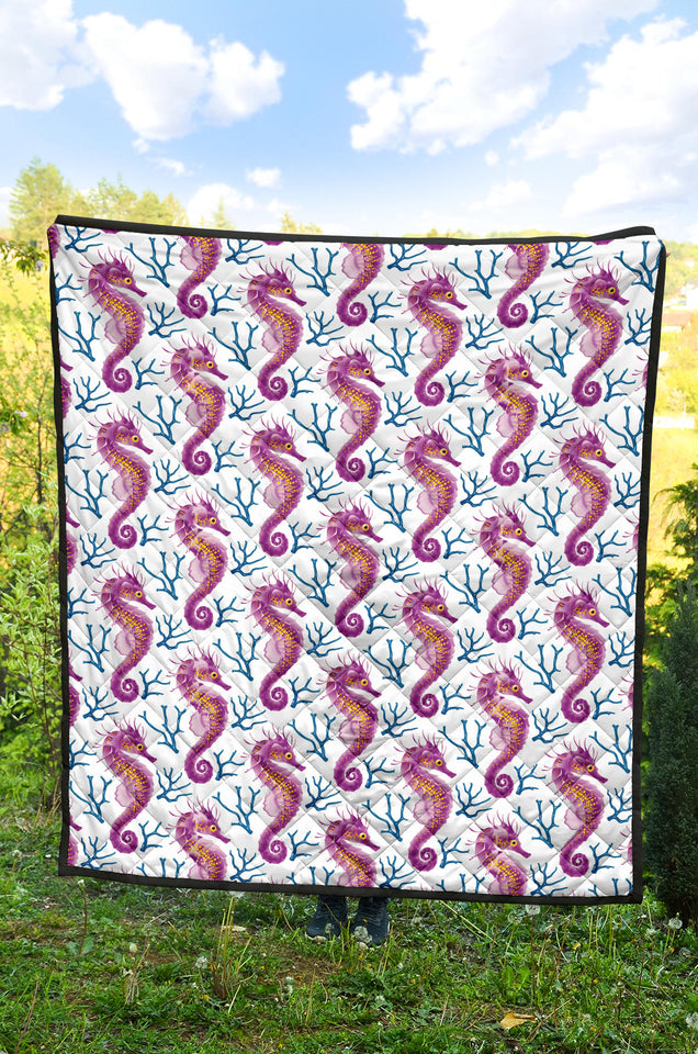 Purple Seahorse Blue Coral Pattern Premium Quilt