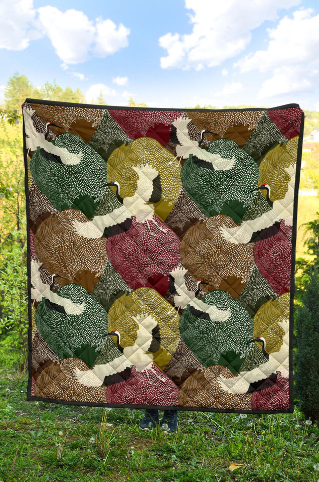 Japanese Cranes Flying Forest Dot Pattern Premium Quilt