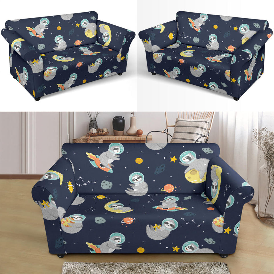 Cute Sloth Astronaut Star Planet Rocket Pattern Loveseat Couch Slipcover