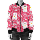 Maneki Neko Lucky Cat Sakura Pink Background Women'S Bomber Jacket