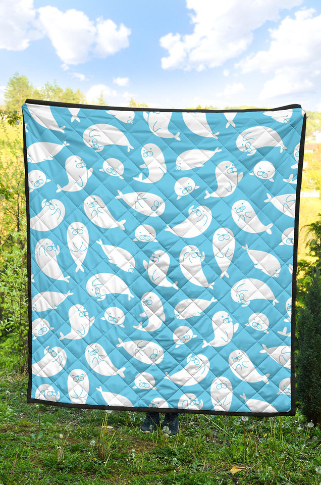 Cute White Sea Lion Seals Pattern Premium Quilt