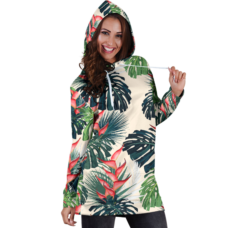 Heliconia Flowers, Palm And Monstera Leaves Women'S Hoodie Dress