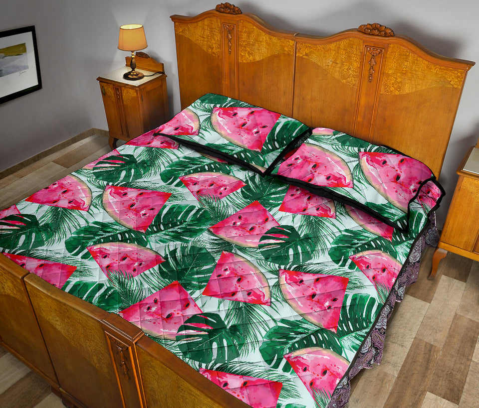 Watermelons tropical palm leaves pattern Quilt Bed Set