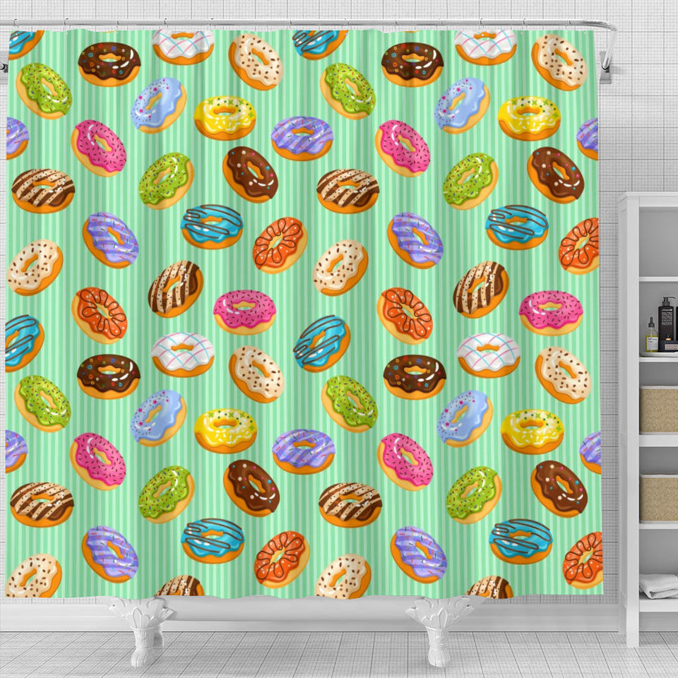Colorful Donut Pattern Green Background Shower Curtain Fulfilled In US