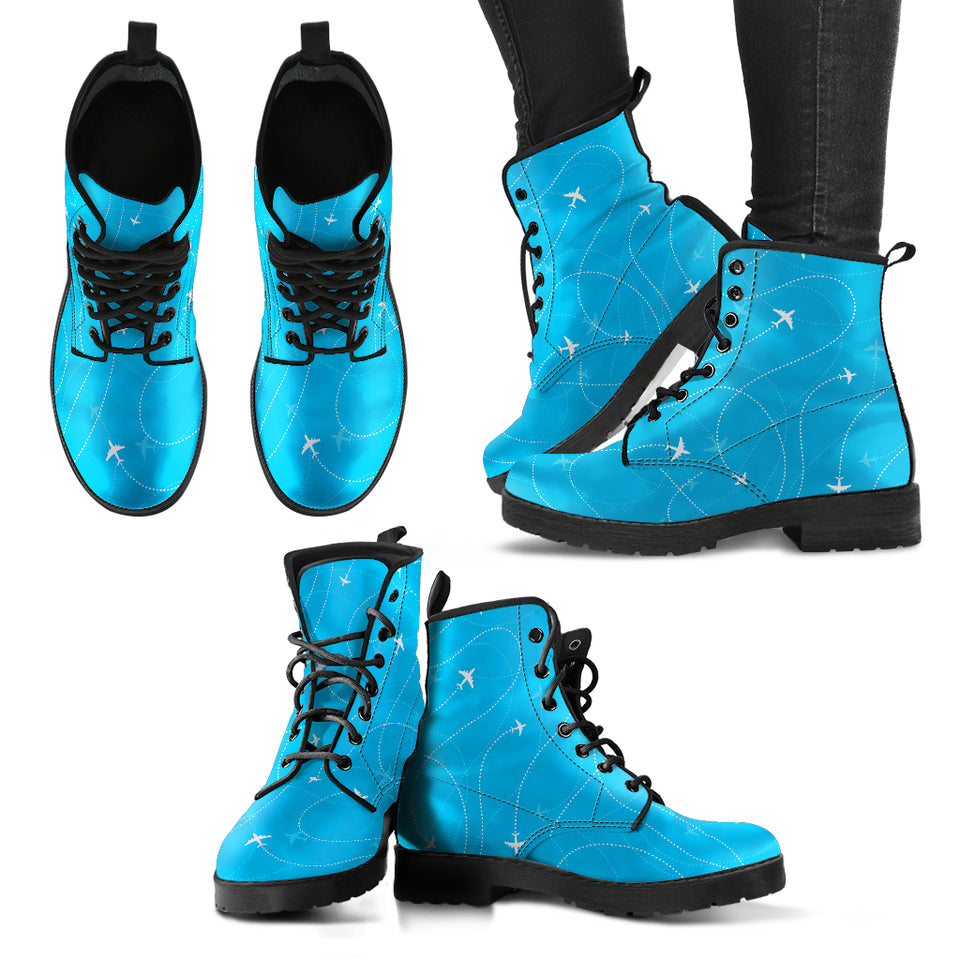 Airplane Destinations Blue Background Leather Boots