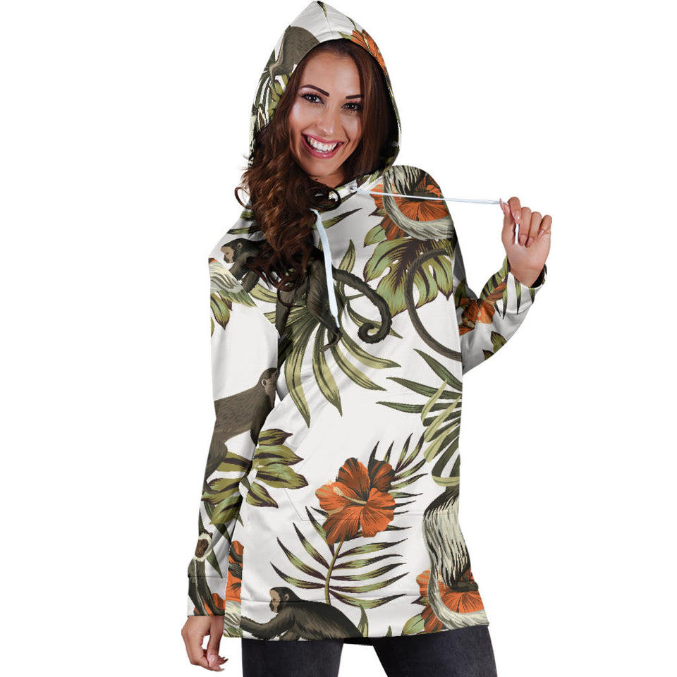 Monkey Red Hibiscus Flower Palm Leaves Floral Pattern Women'S Hoodie Dress