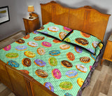Colorful donut pattern green background Quilt Bed Set